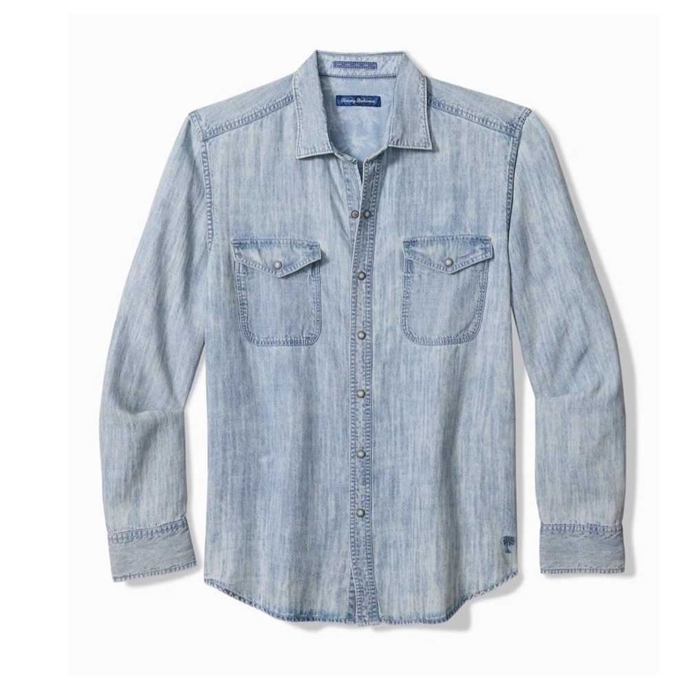 Tommy Bahama Go West Light‎ Indigo Acid Wash Denim Western Snap Shirt Womens L